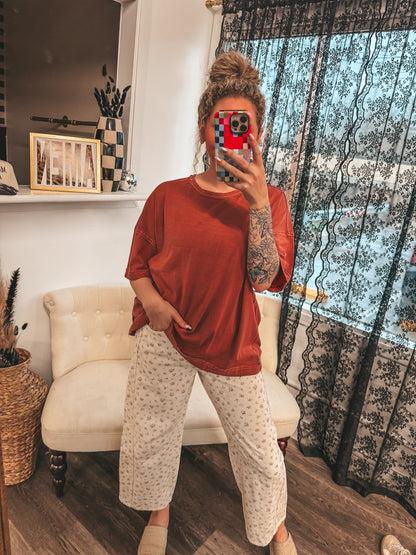 denim floral barrel pants with elastic band backing