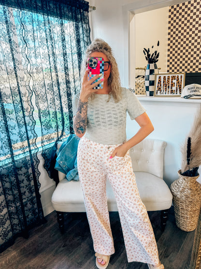 peach floral denim pants with elastic back waist