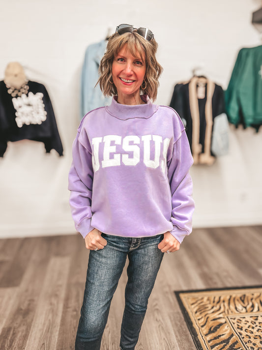 purple jesus embroidered mock neck