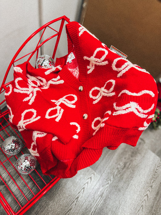 oversized red bow cardigan