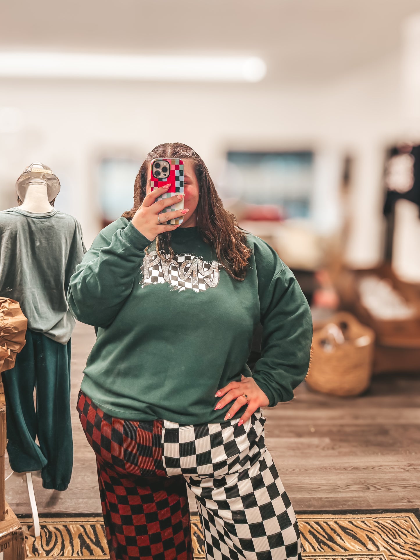 hunter green checkered and camo pray pullover