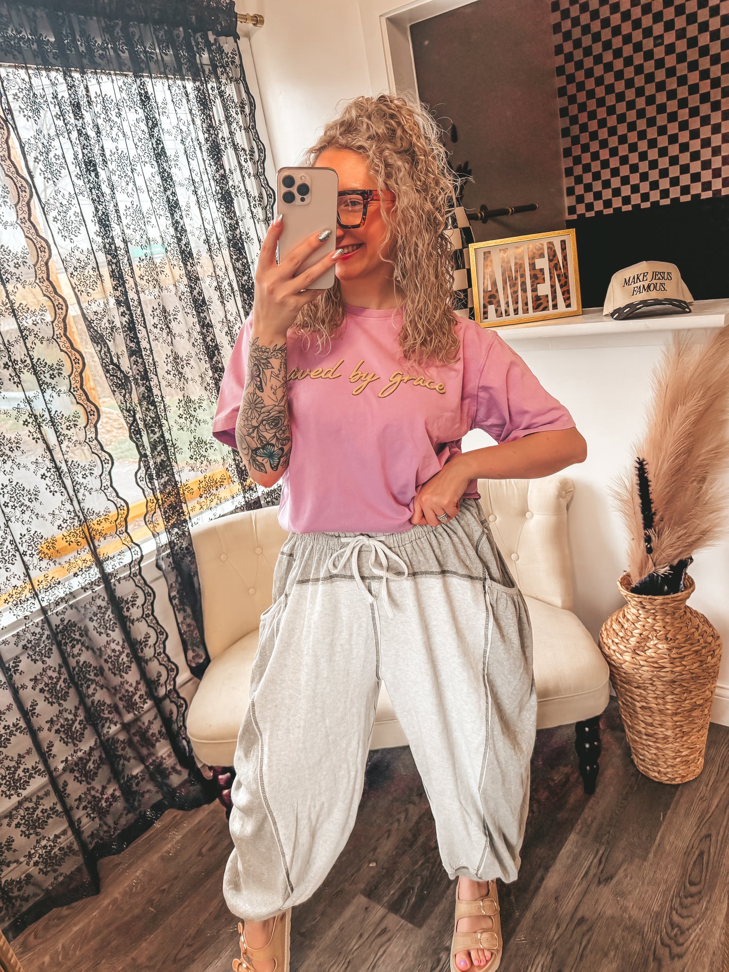 POL grey stitched boho jogger ribbed pants