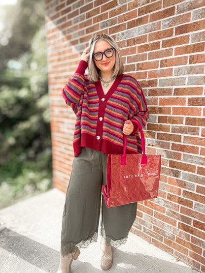 Wine multi color stripe oversized cardigan
