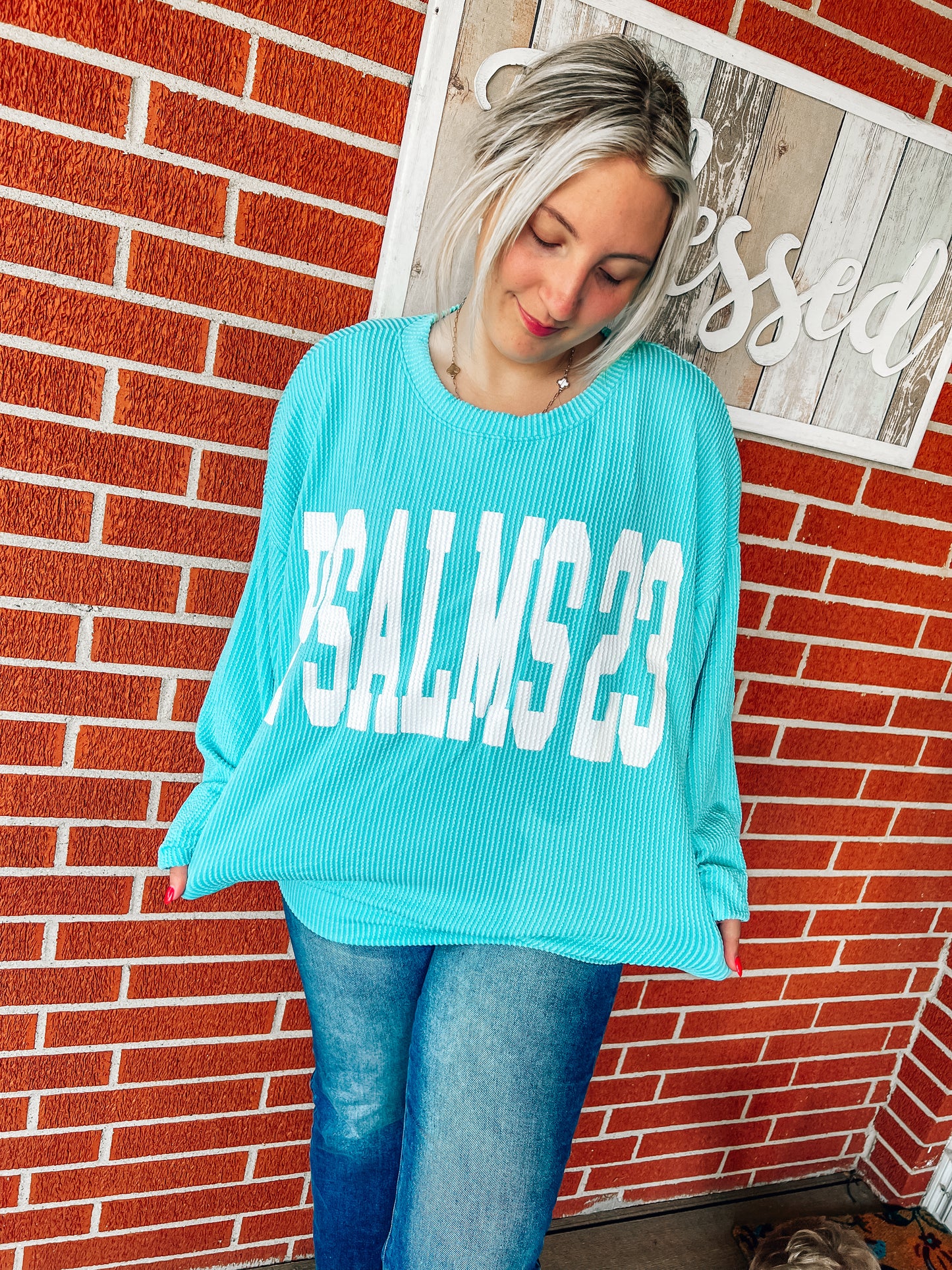 Psalms 23 ribbed oversized aqua top