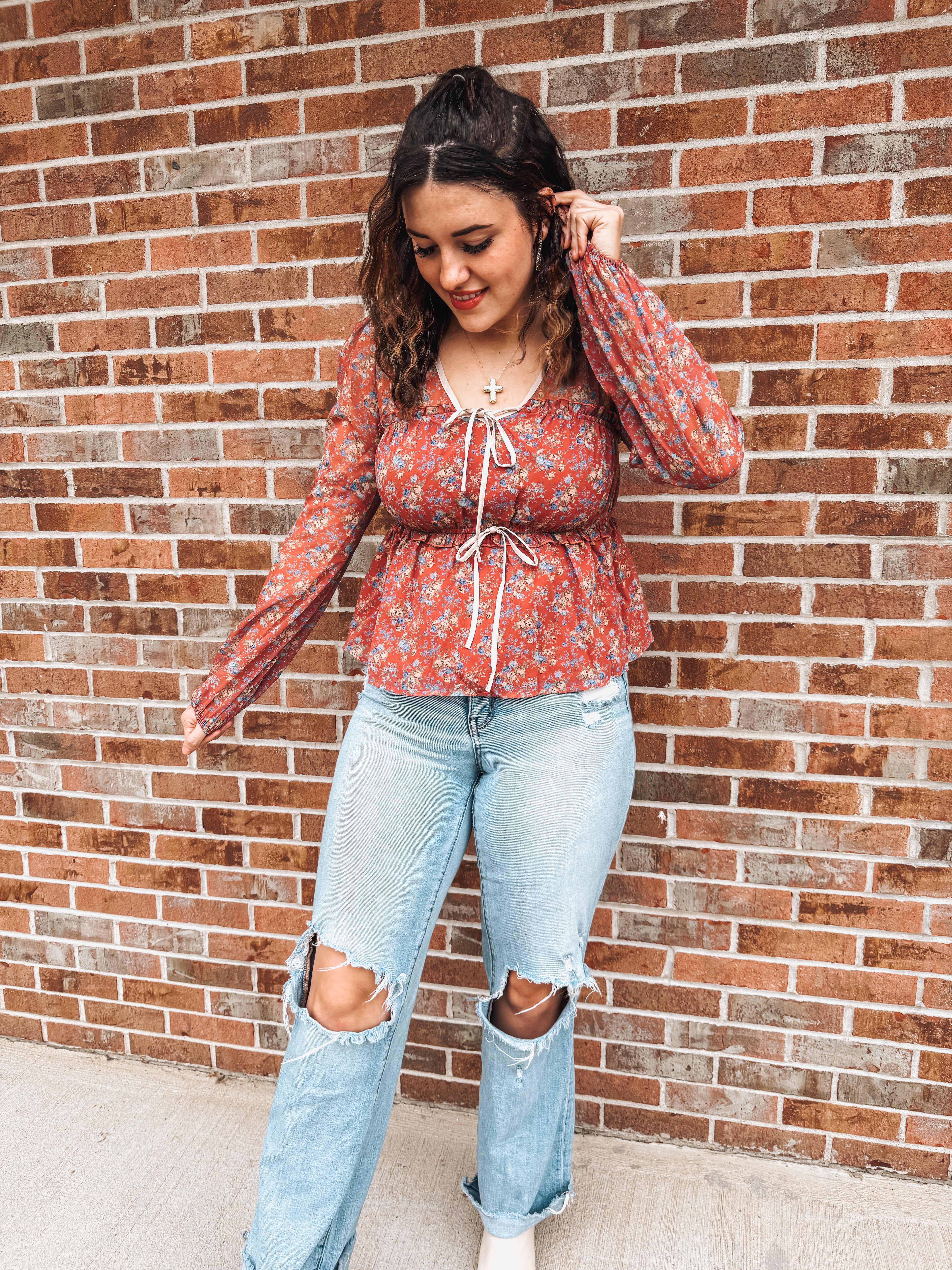 fall floral & bow babydoll top