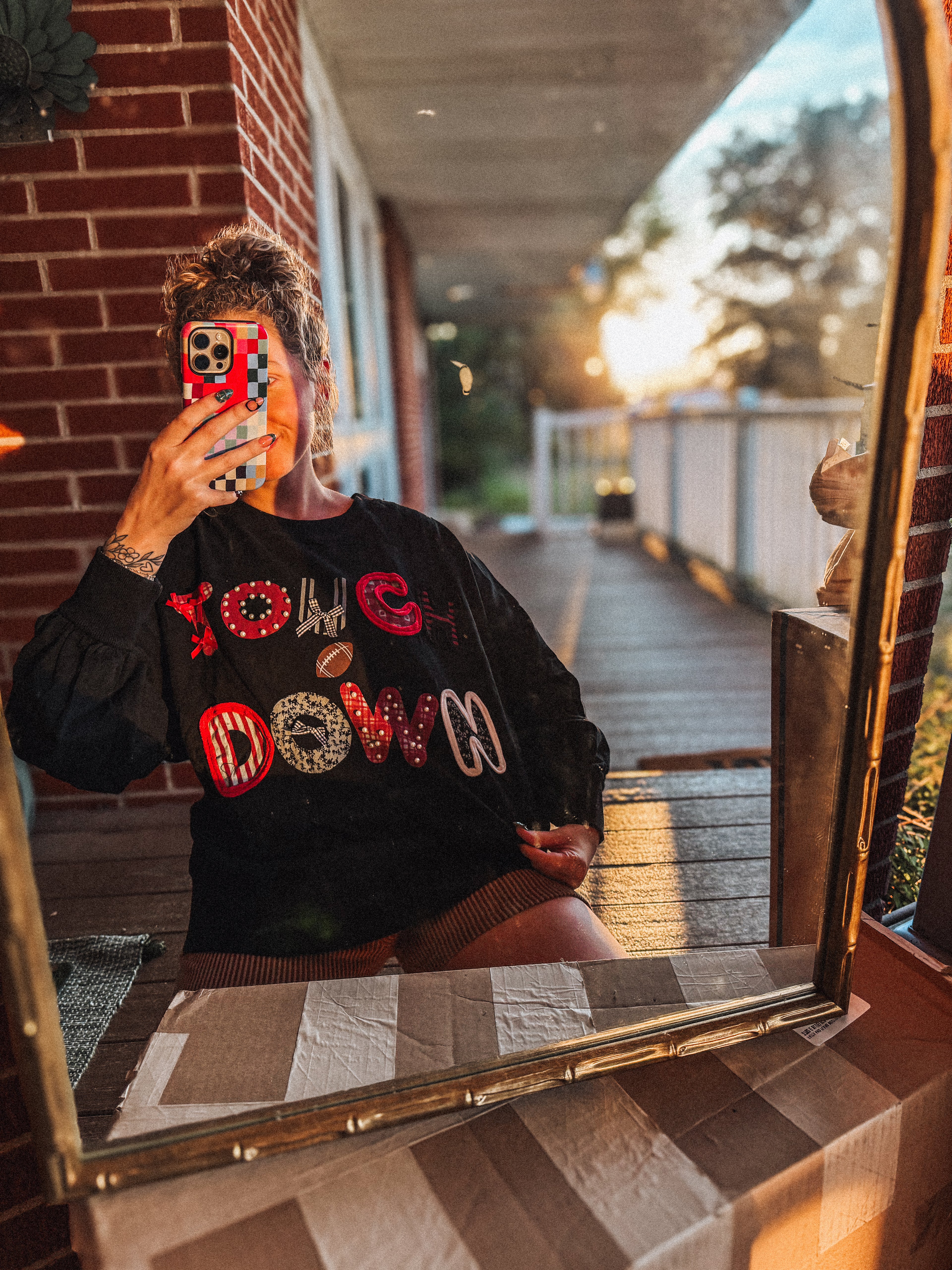 touch down printed trim detail pullover