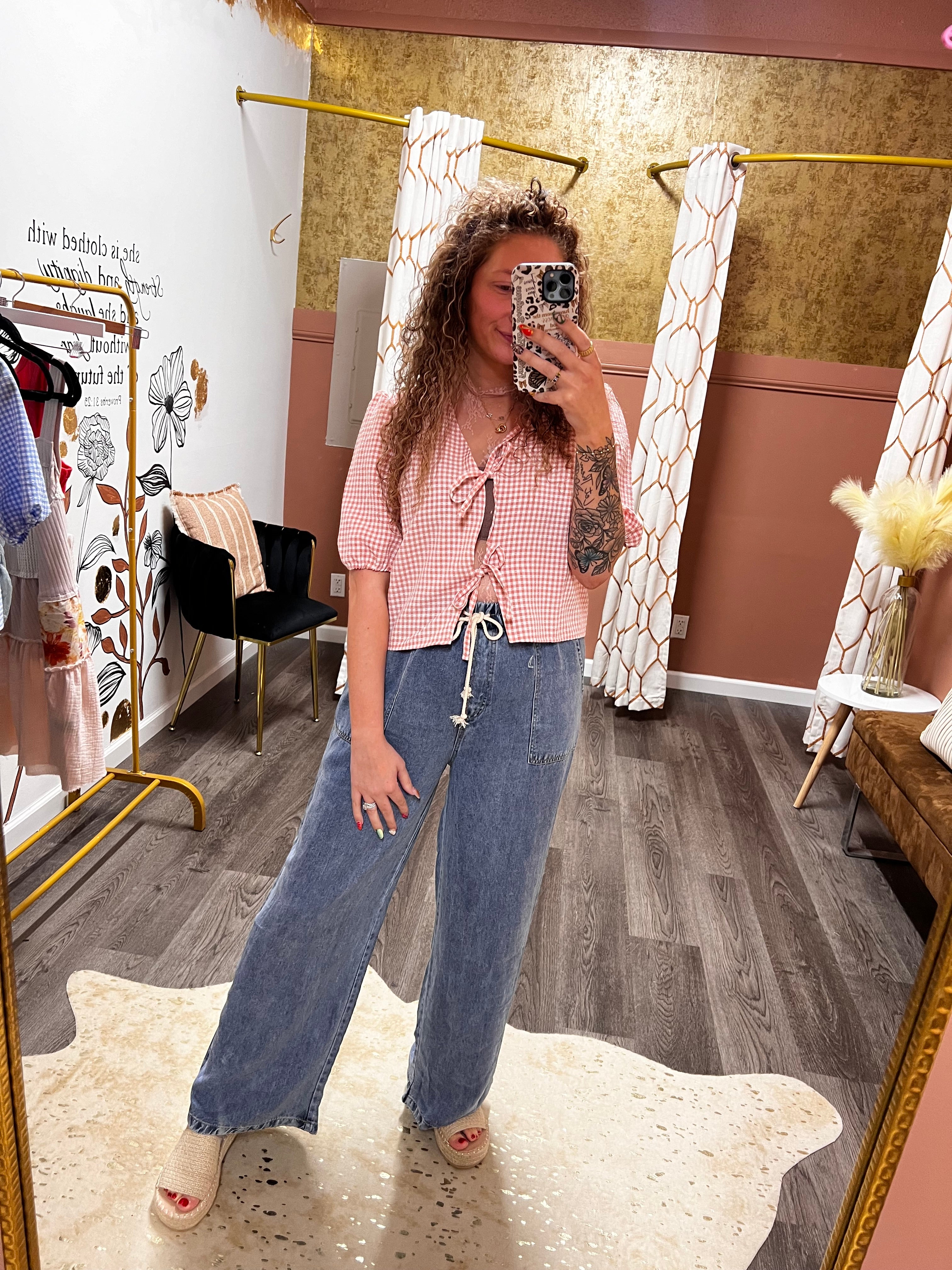 gingham bow tie puff sleeve top in 2 colors