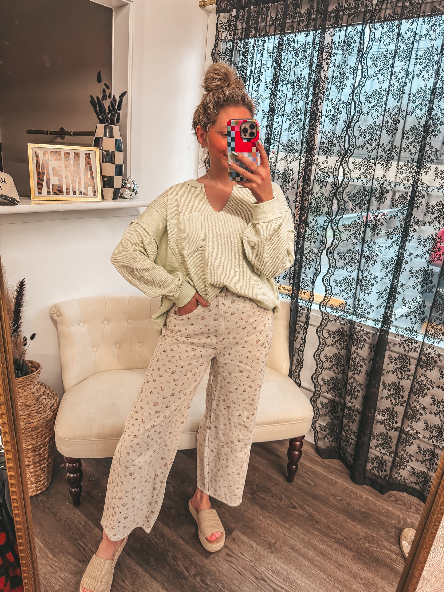 denim floral barrel pants with elastic band backing