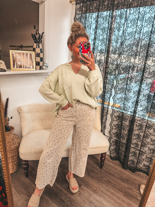 denim floral barrel pants with elastic band backing