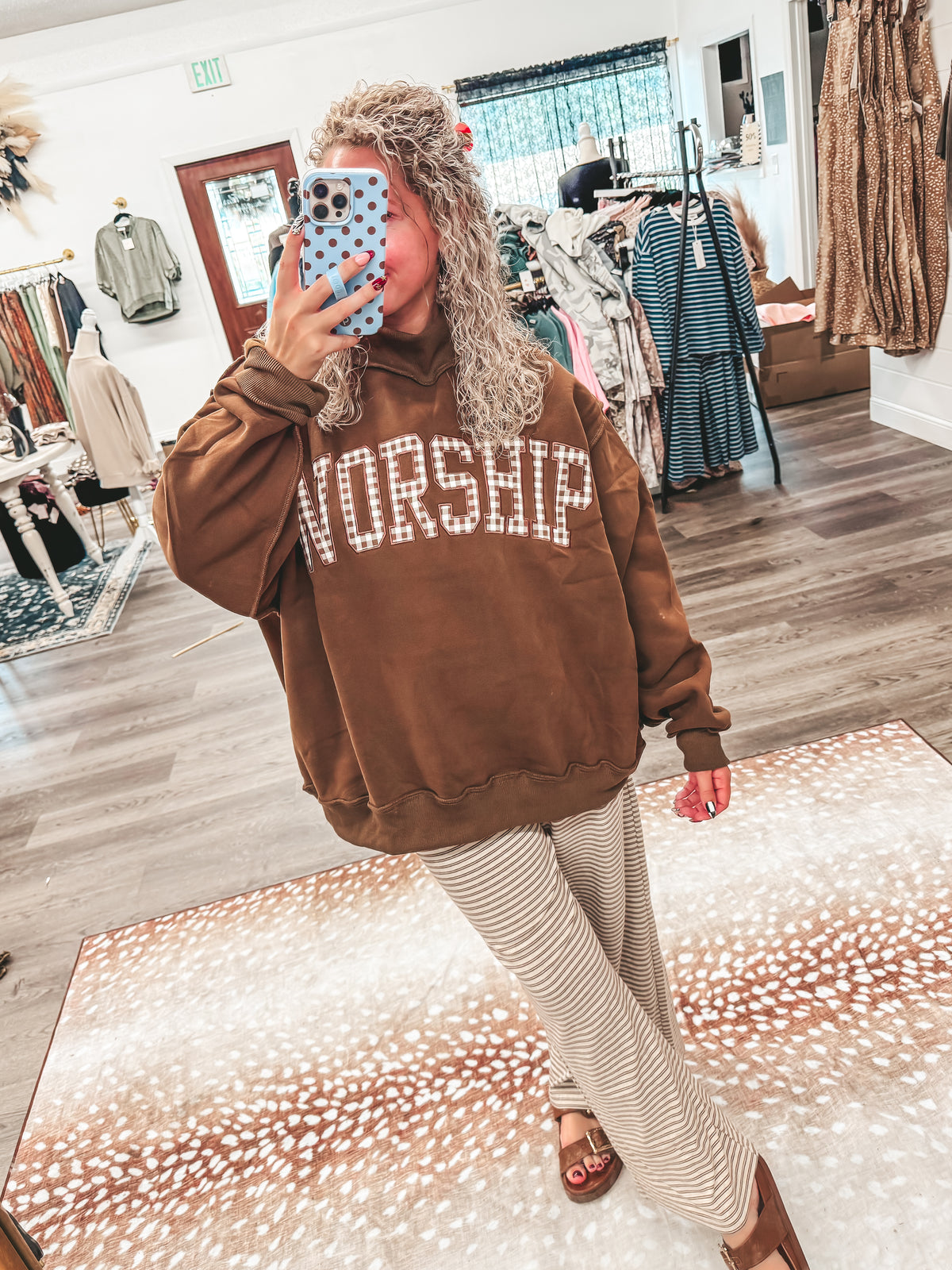 Brown oversized gingham worship mockneck