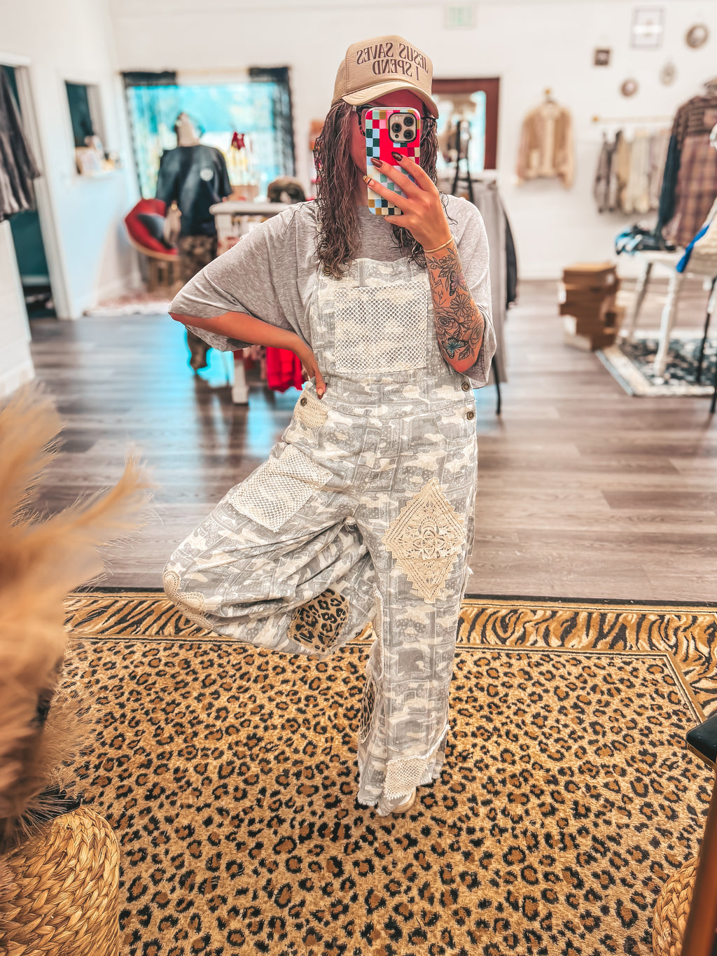 camo patch leopard denim overalls