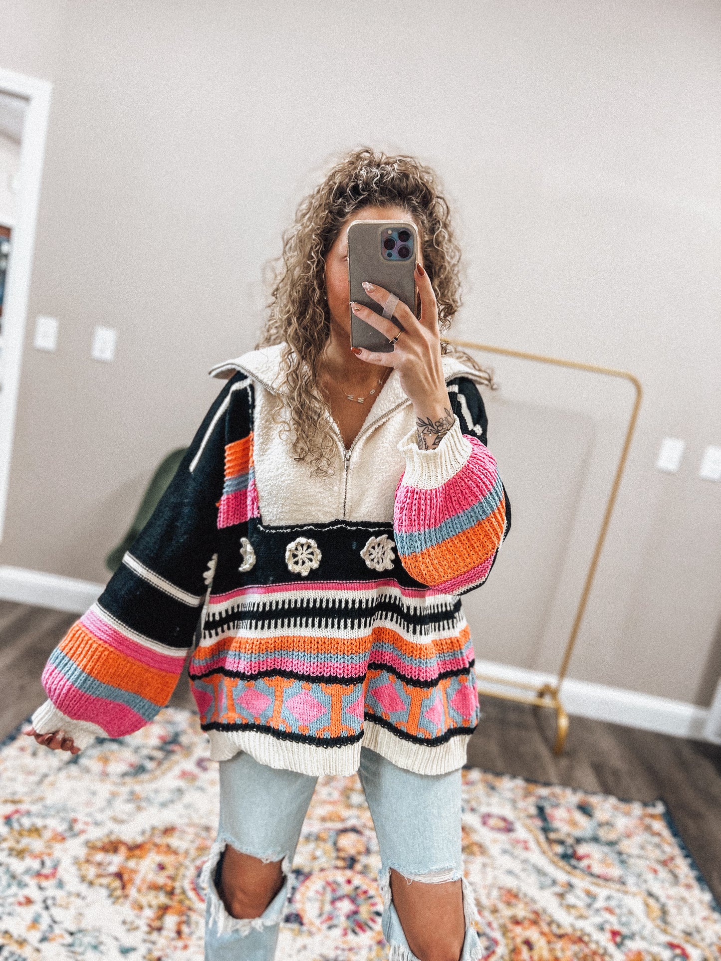 Black multi boho quarter zip sweater pullover