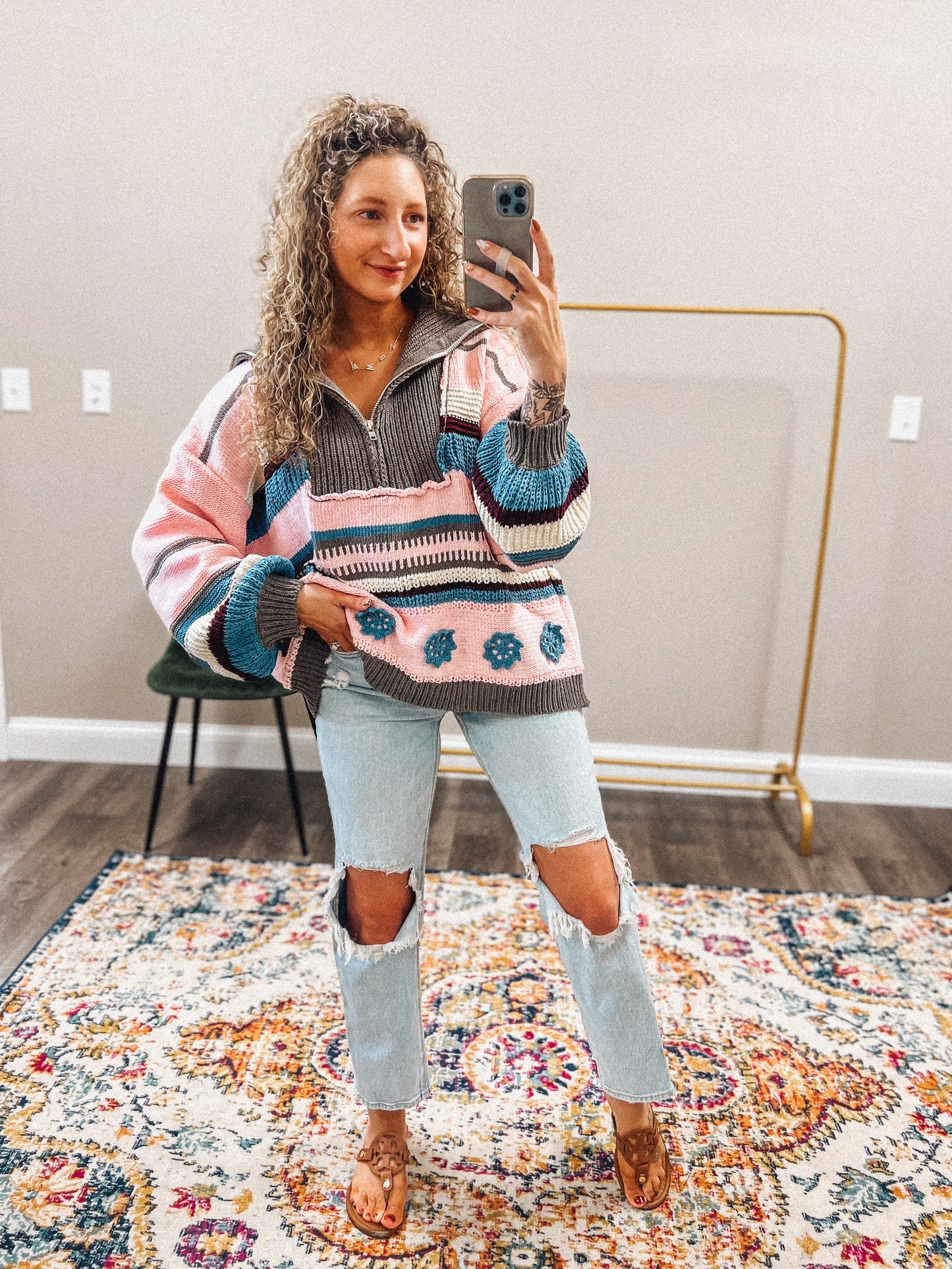 RESTOCK(ships in 1 week) grey & pink multi boho quarter zip sweater pullover