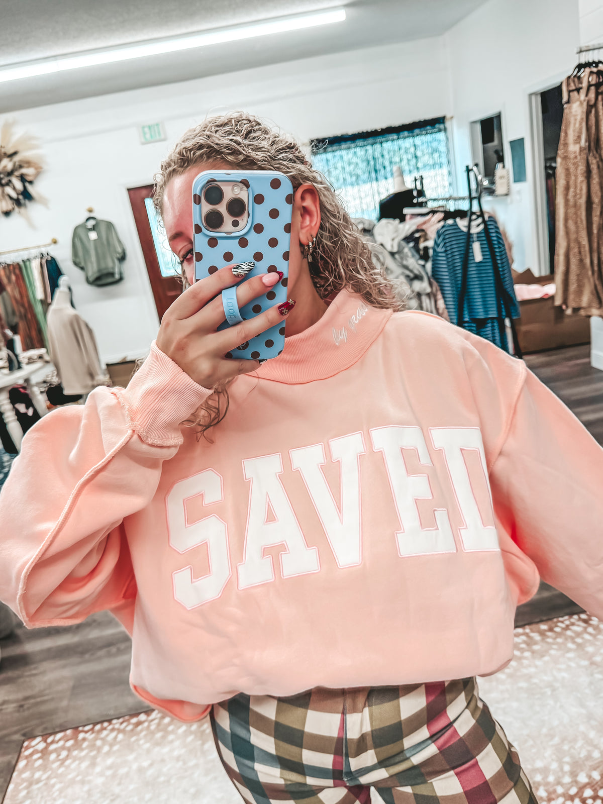 Pink saved by grace embroidered mock neck