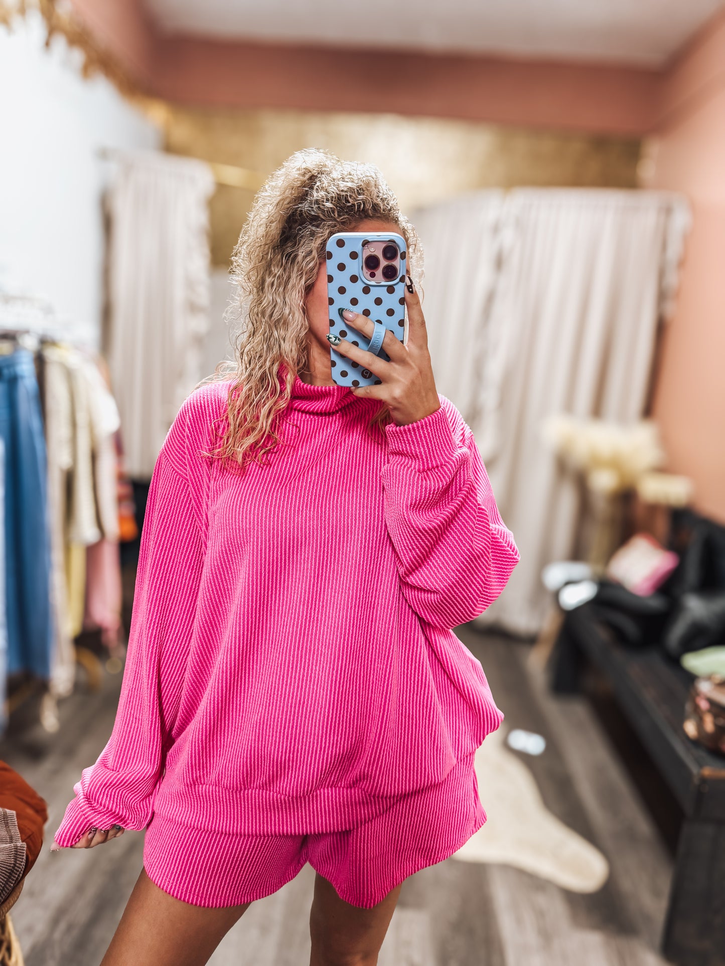 Pink ribbed mockneck short set