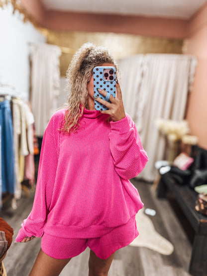 Pink ribbed mockneck short set