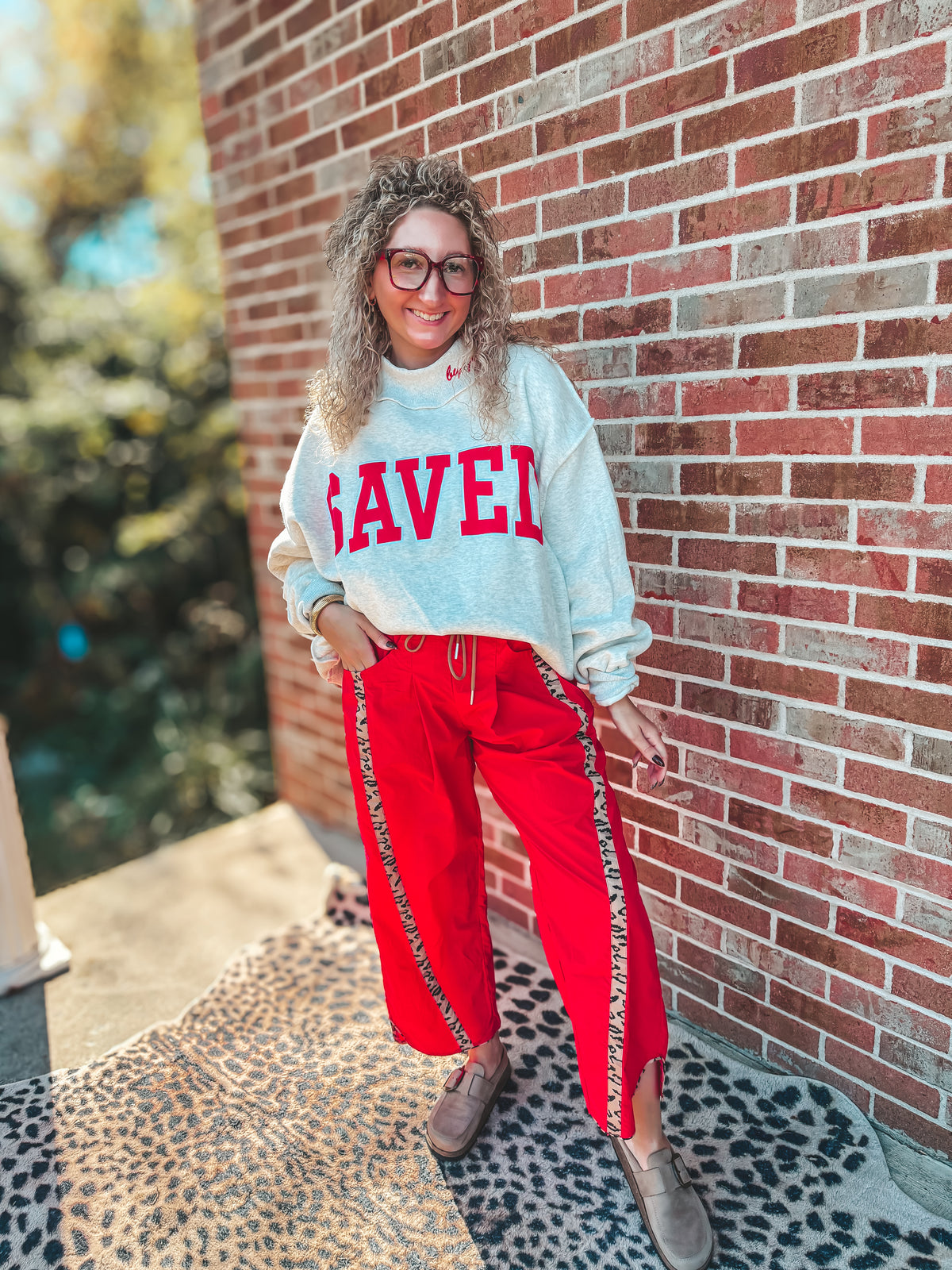 Ash & red saved by grace mock neck embroidered