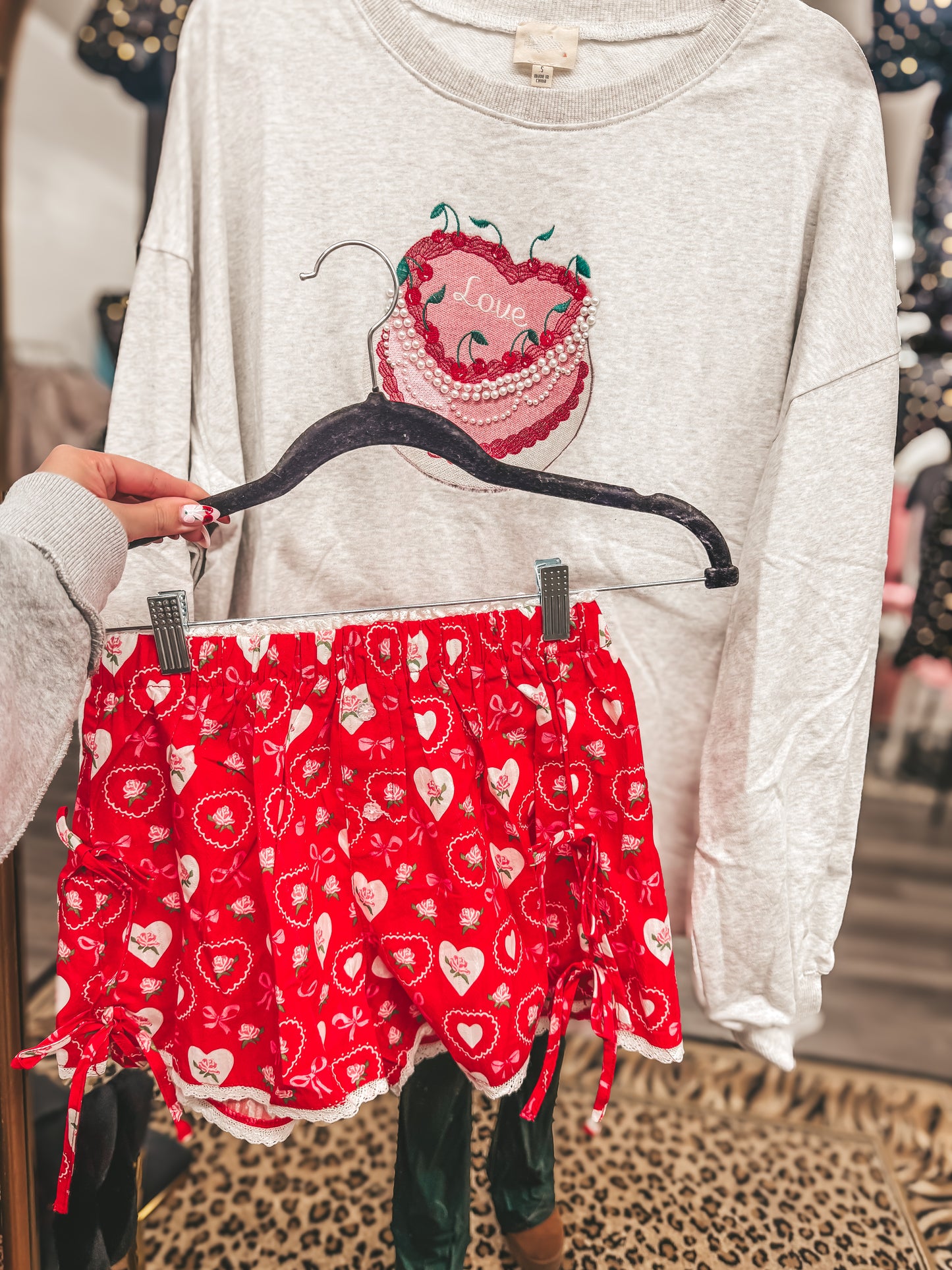 red lace and bow detail heart shorts