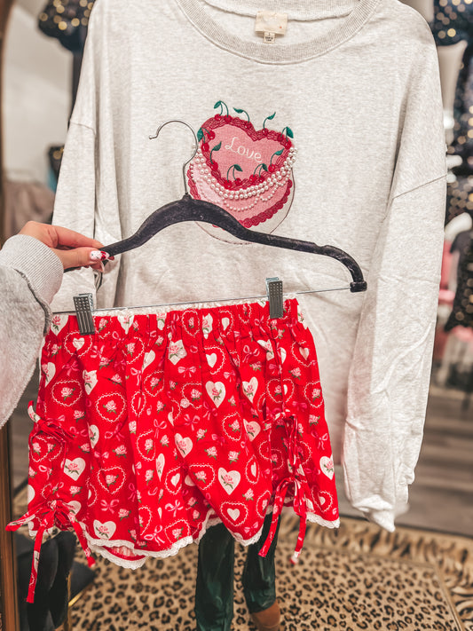red lace and bow detail heart shorts