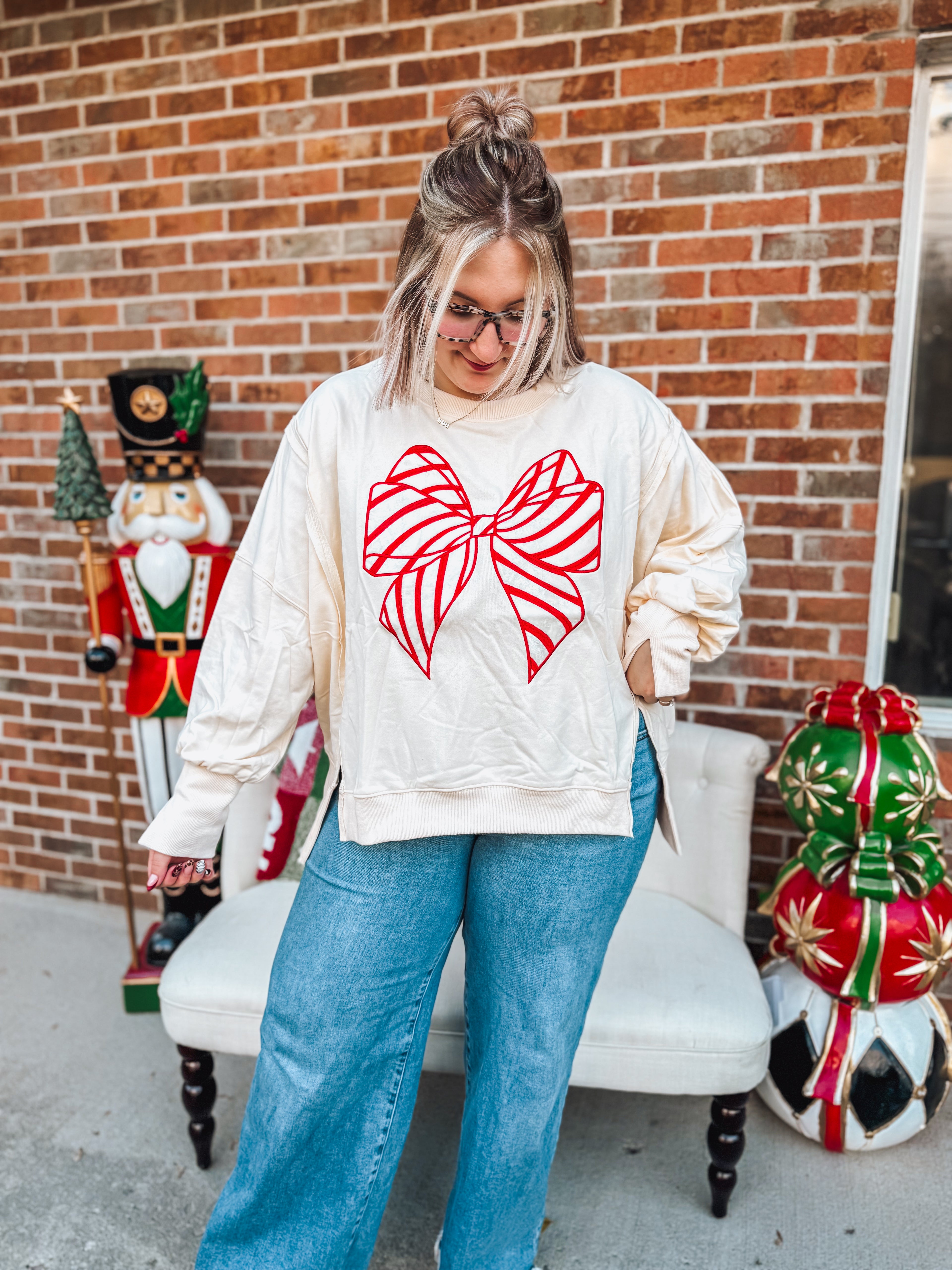 candy cane bow oversized pullover