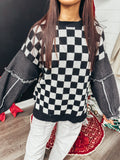 checkered black denim sleeve sweater