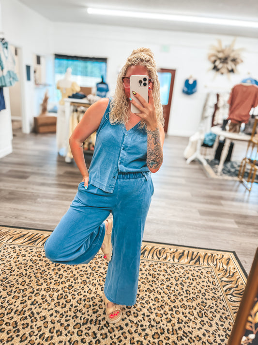 Denim knit sleeveless vest set