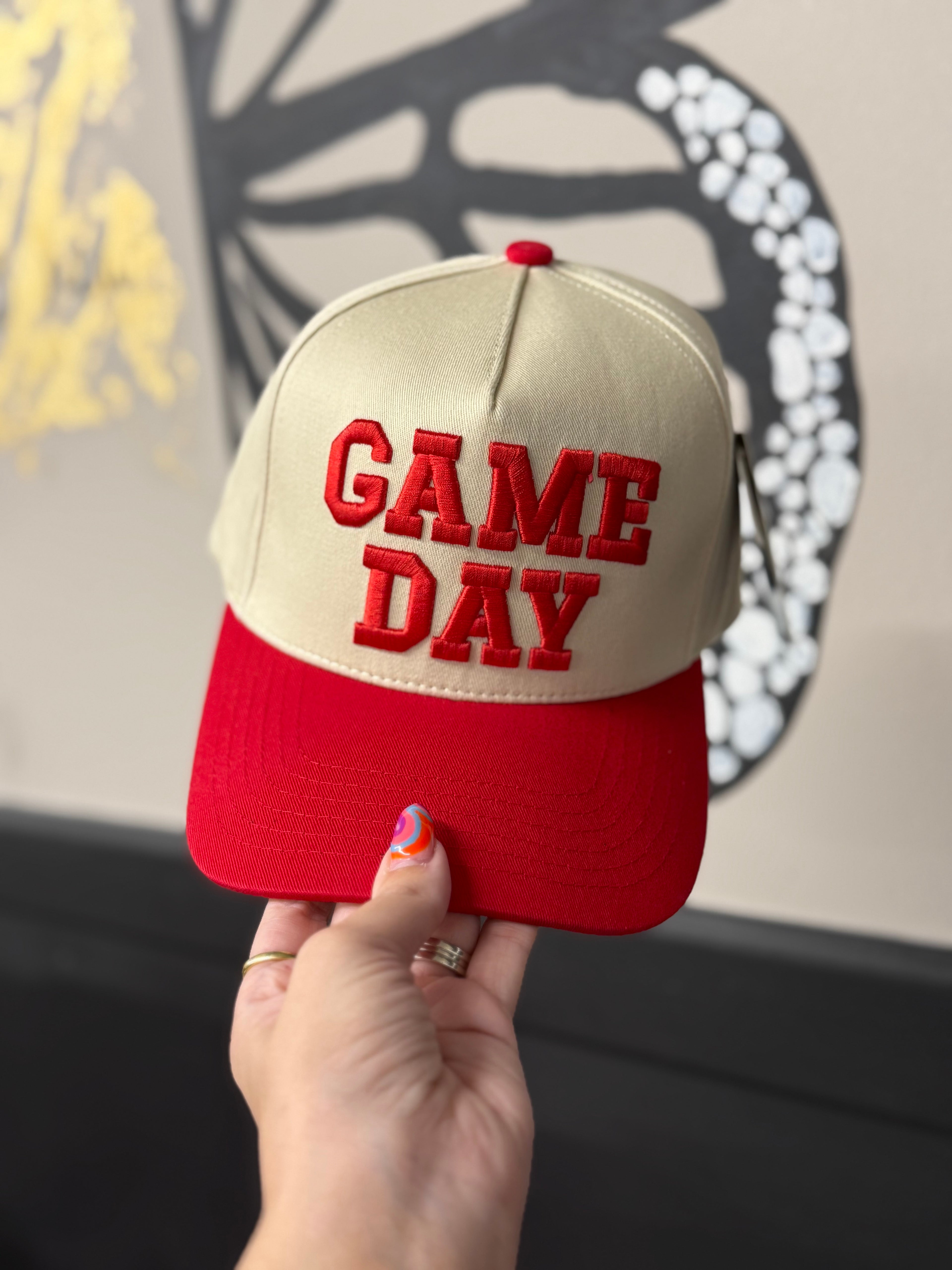 red embroidered game day hat