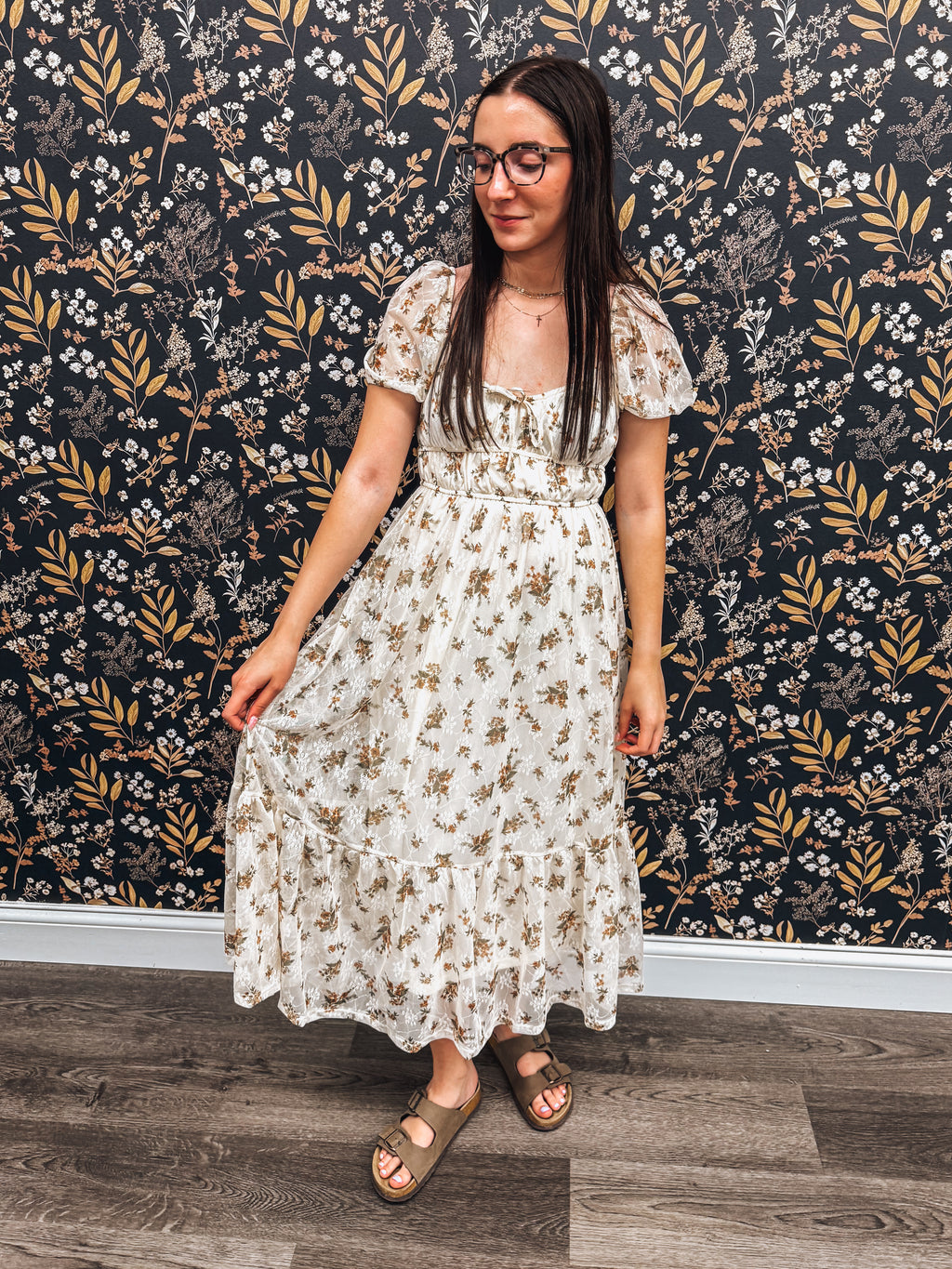 floral & cream puff sleeve midi dress