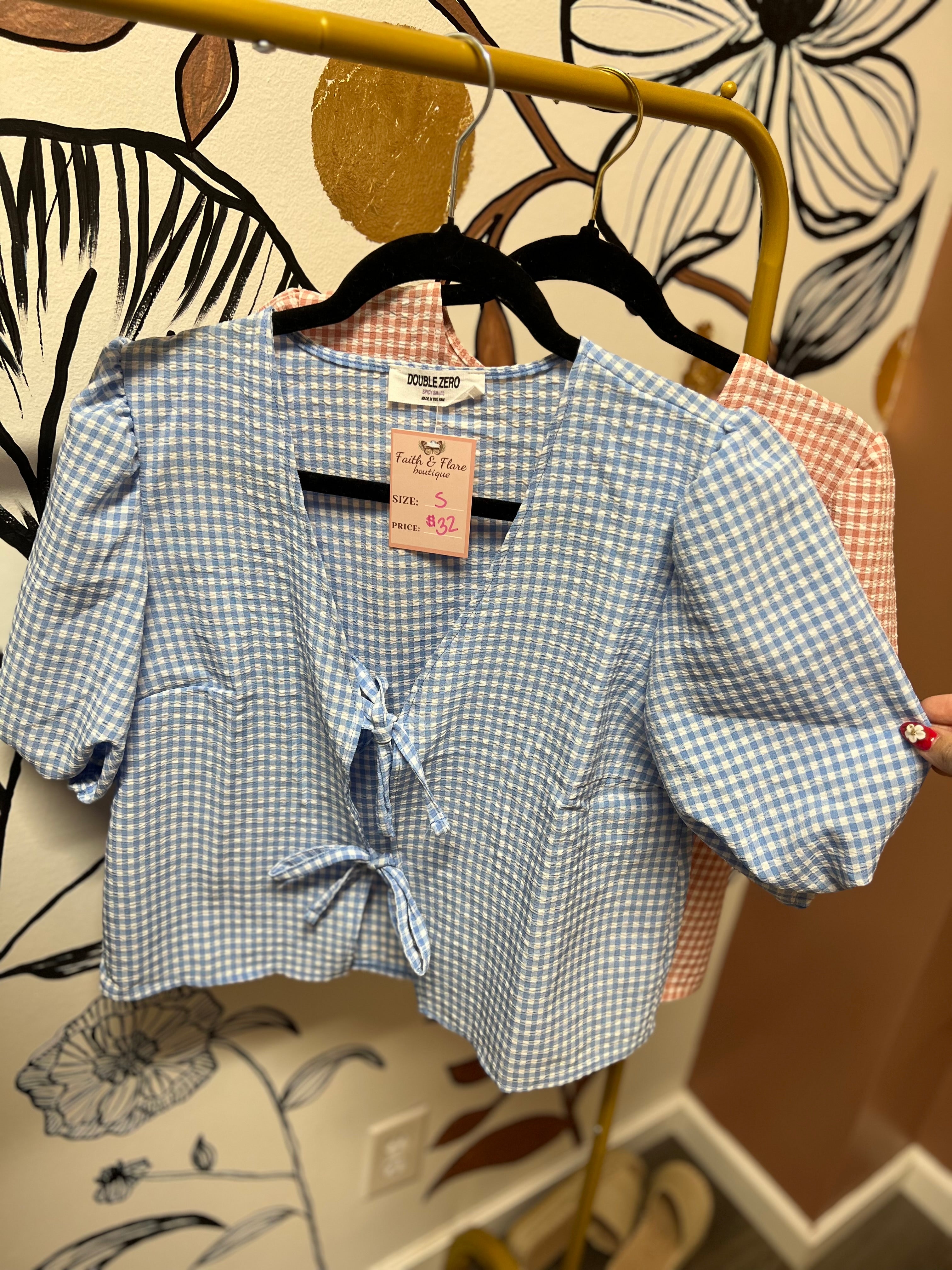 gingham bow tie puff sleeve top in 2 colors