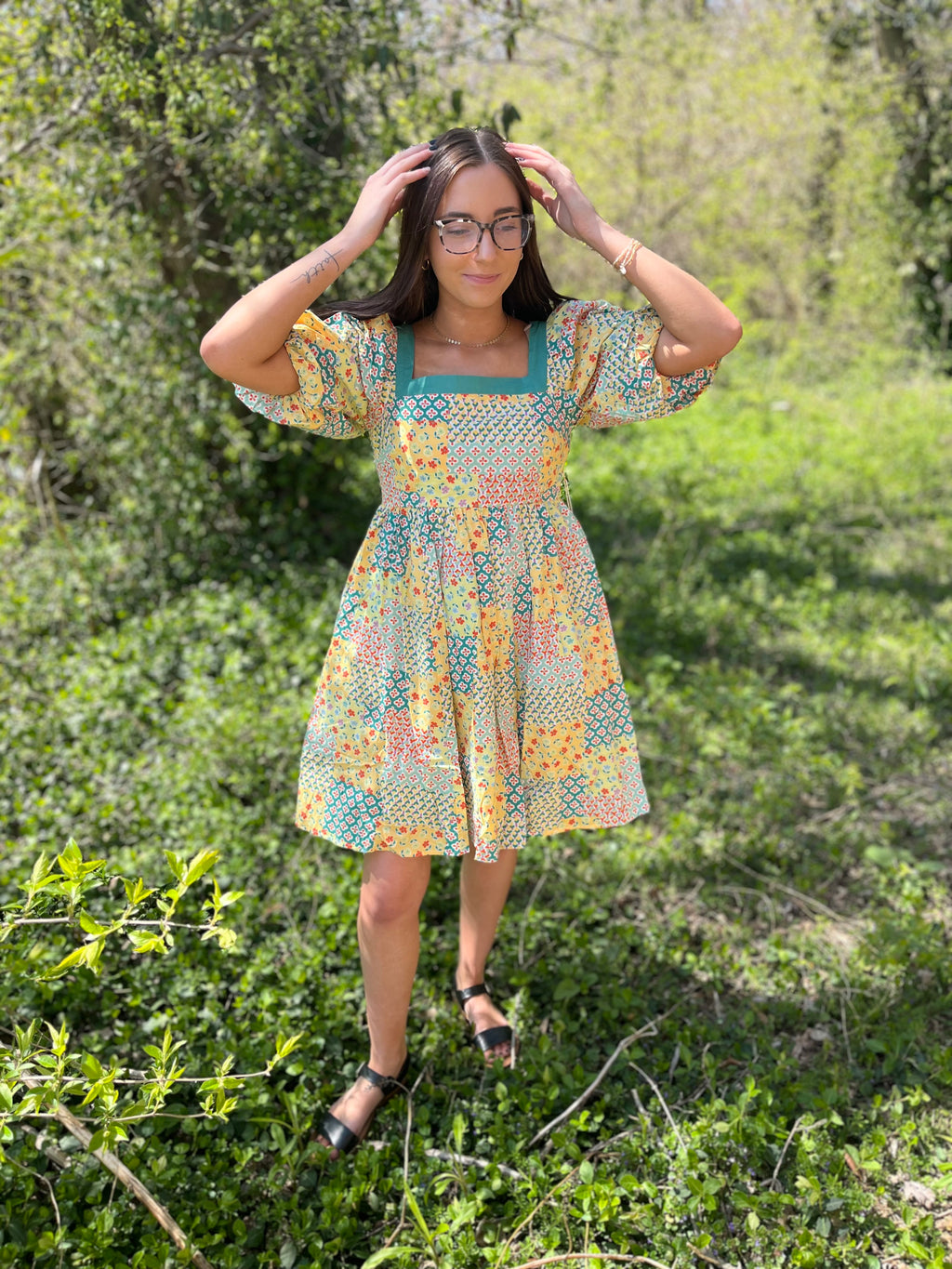 patchwork floral yellow and teal puff sleeve dress