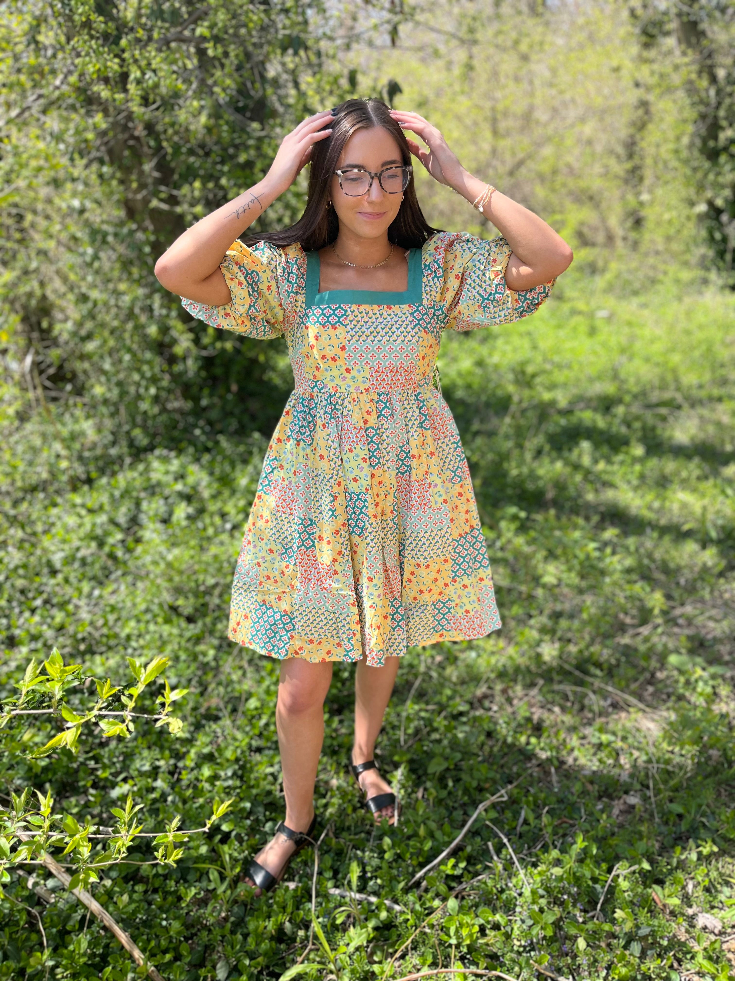 patchwork floral yellow and teal puff sleeve dress