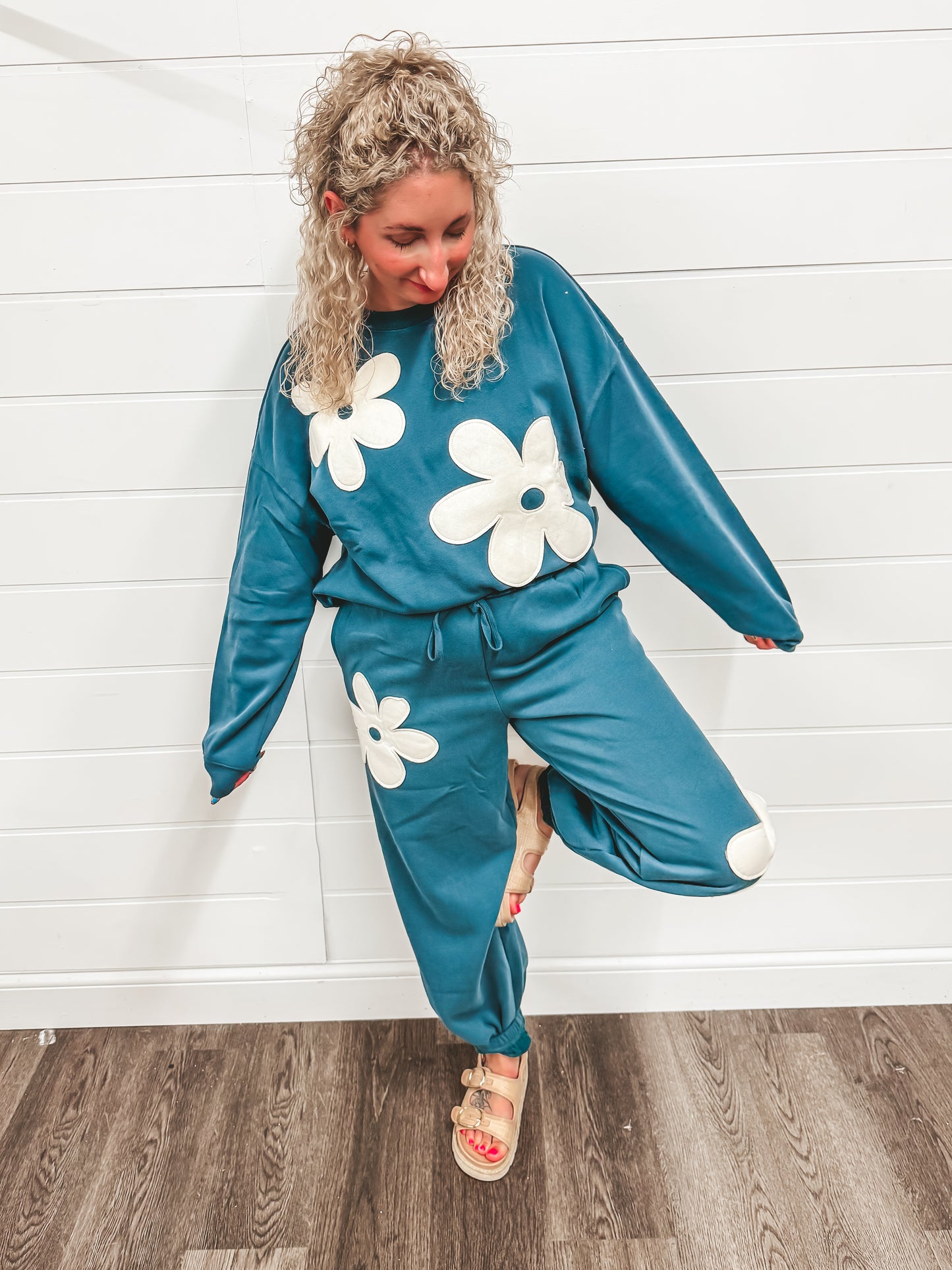 Teal floral embroidery jogger set