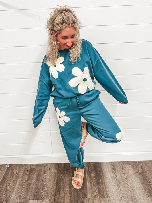 Teal floral embroidery jogger set