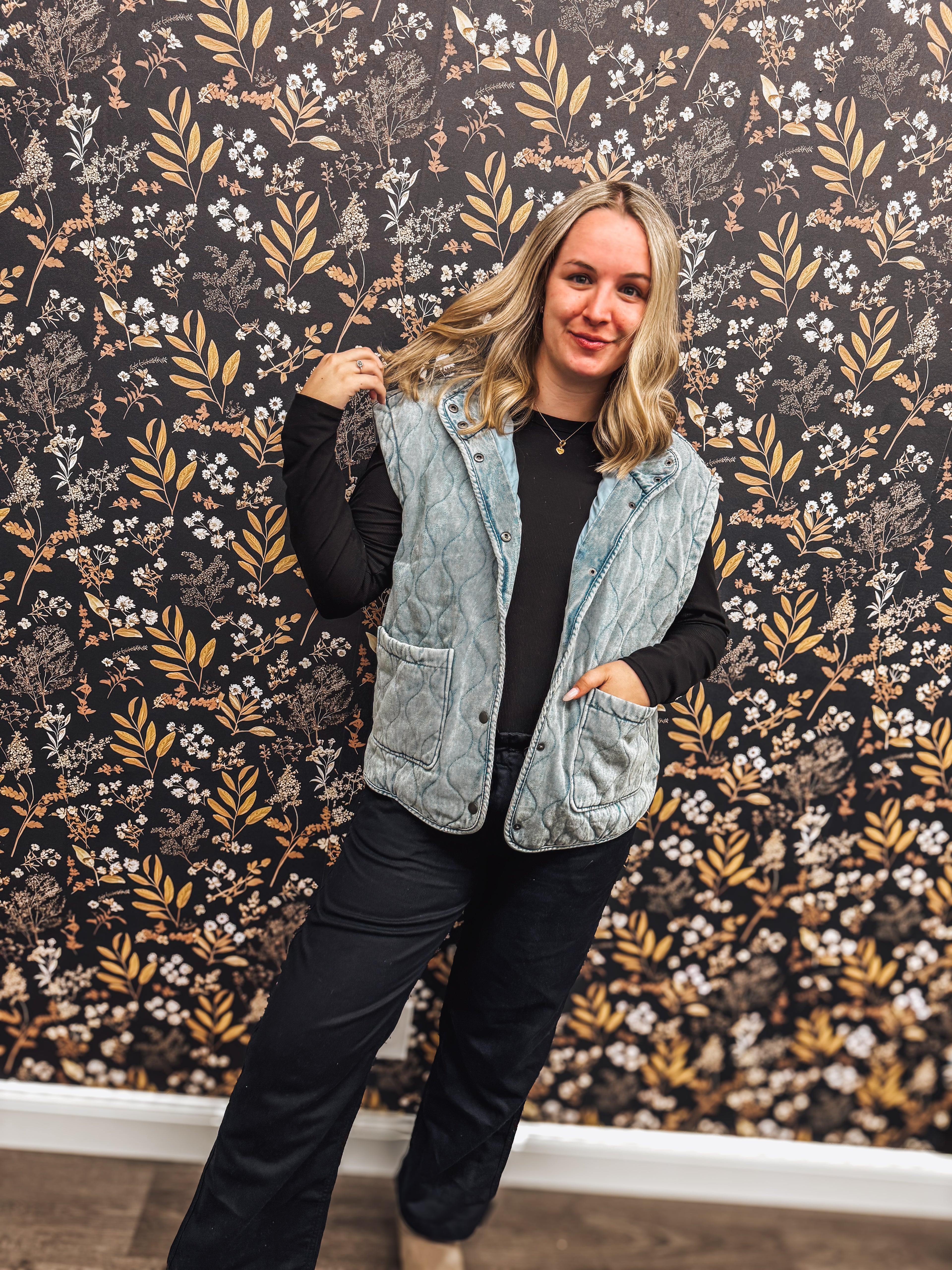 denim quilted button down vest