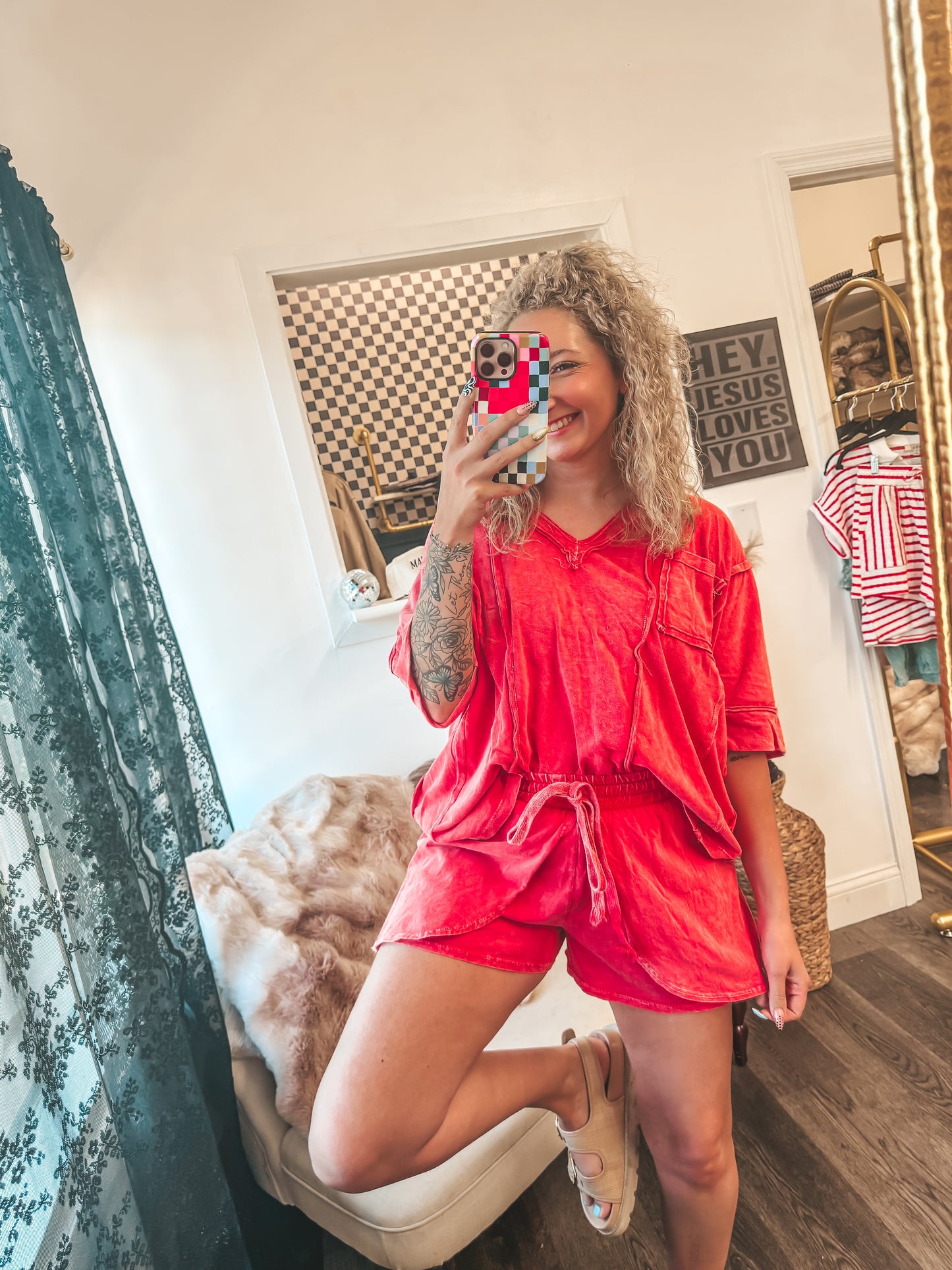 red mineral wash flowy short set
