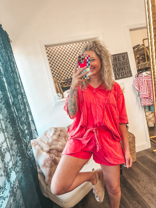 red mineral wash flowy short set