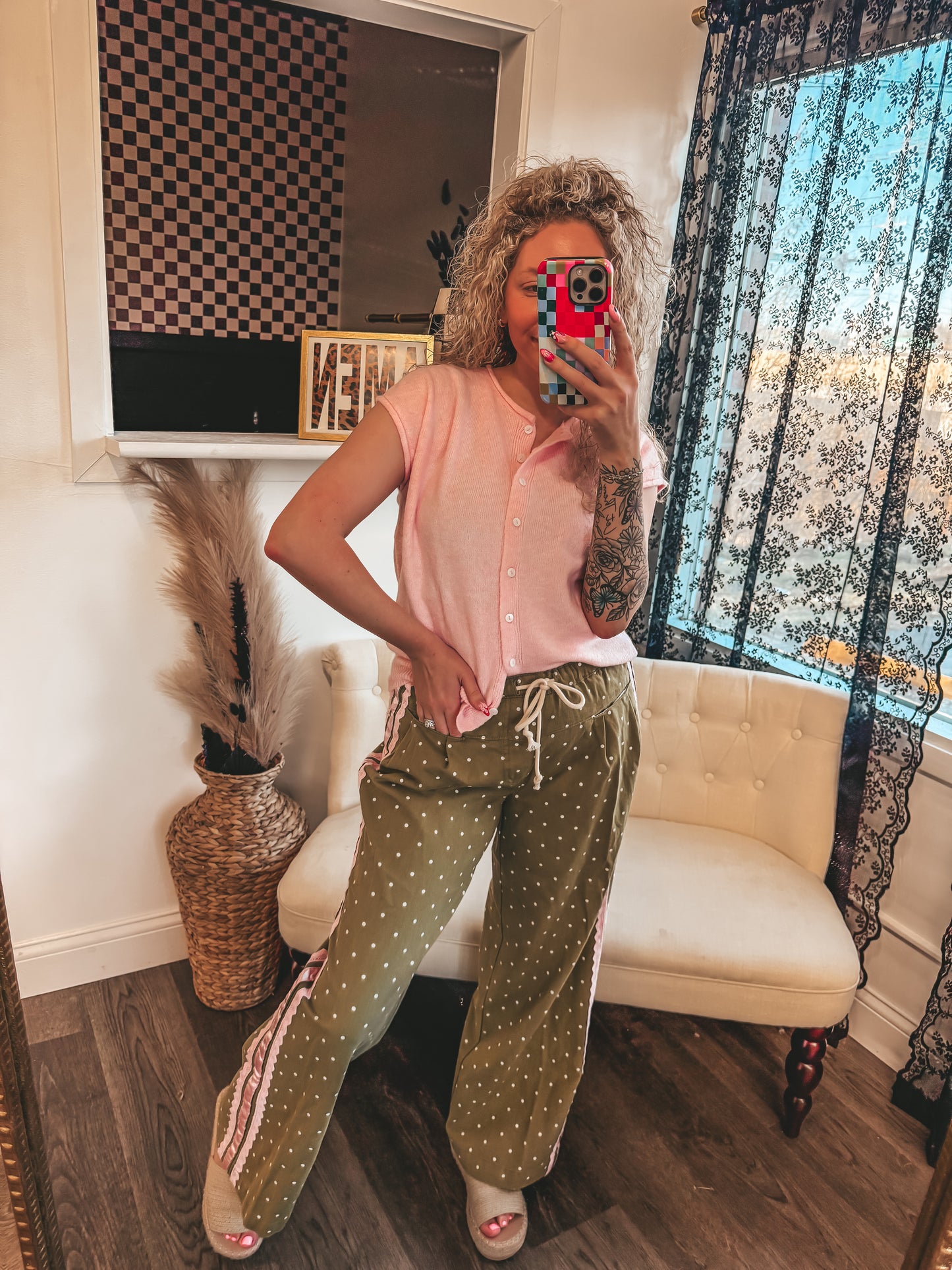 olive and polk polka dot pants with lace trim