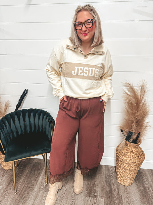 Cream Jesus snap pullover