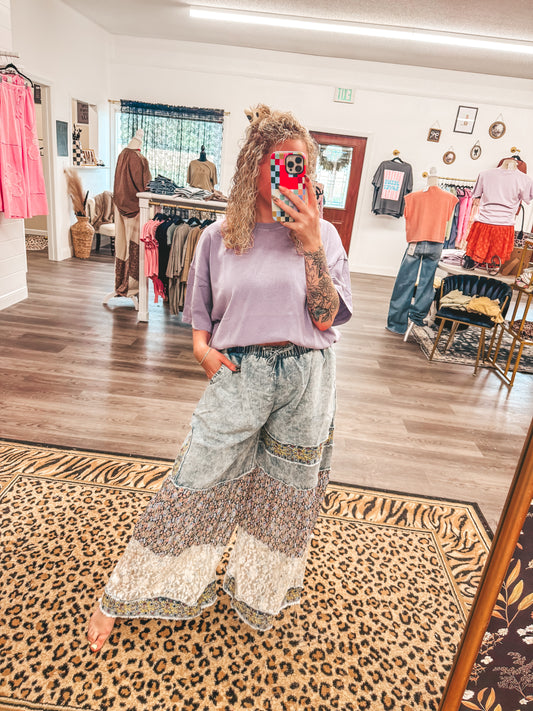 denim floral embroidered patch ruffle elastic band pants