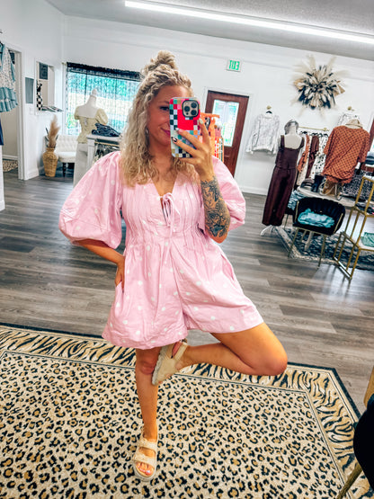 bublegum pink polka dot denim romper