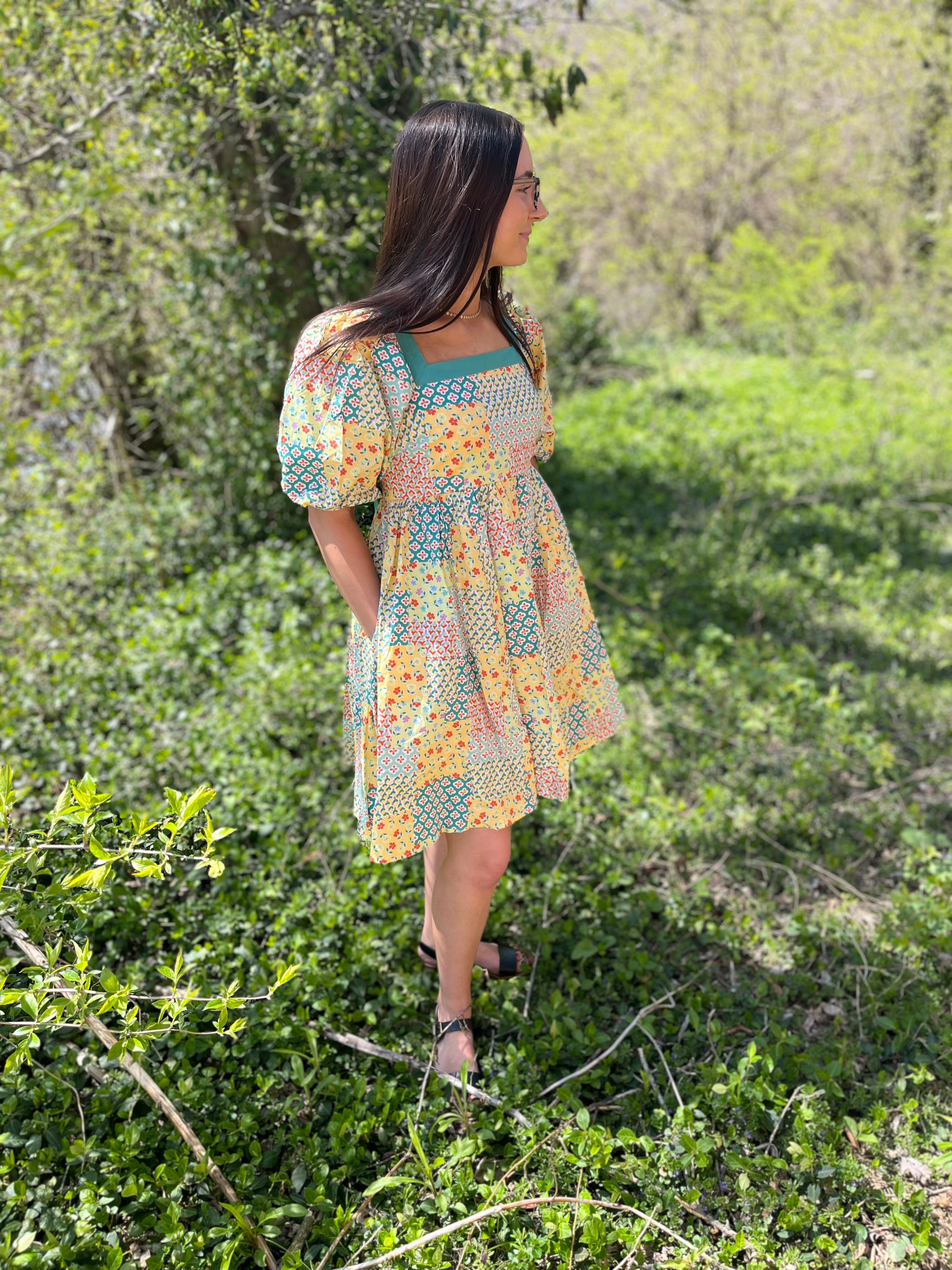 patchwork floral yellow and teal puff sleeve dress