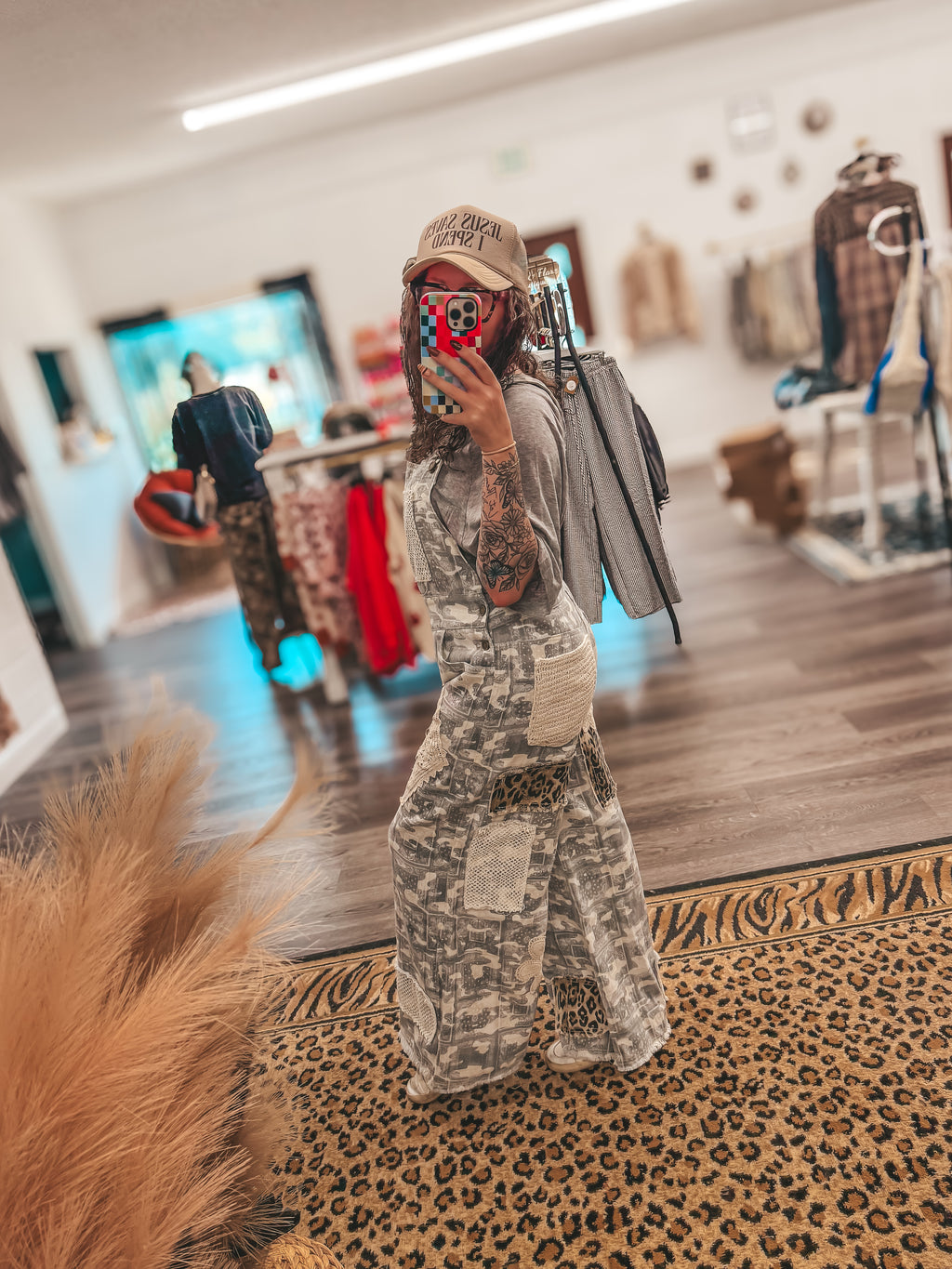 camo patch leopard denim overalls