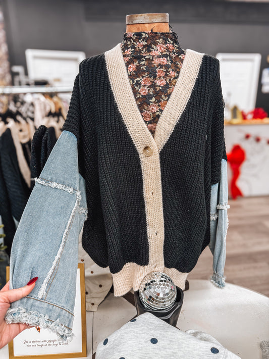 denim sleeve colorblock cardigan