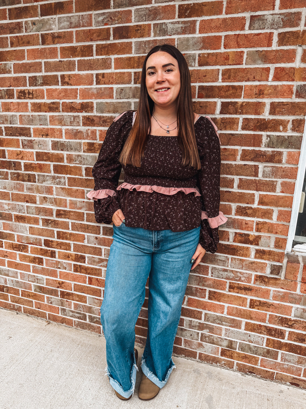 chocolate and pink  floral smocked top