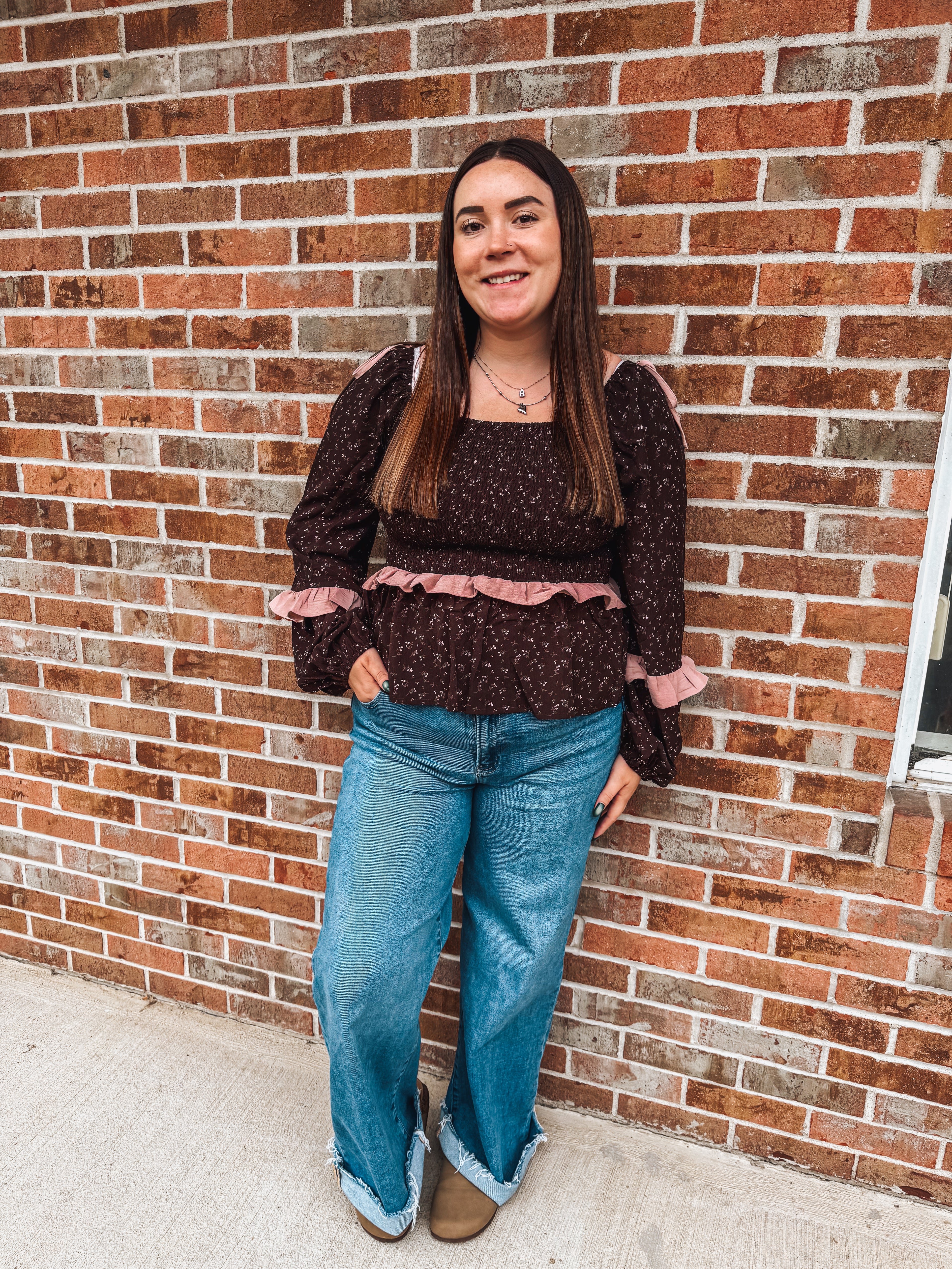 chocolate and pink  floral smocked top