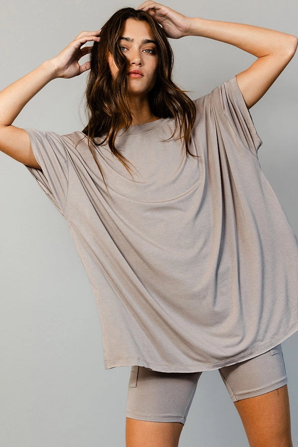 oversized reversible top with pockets in taupe