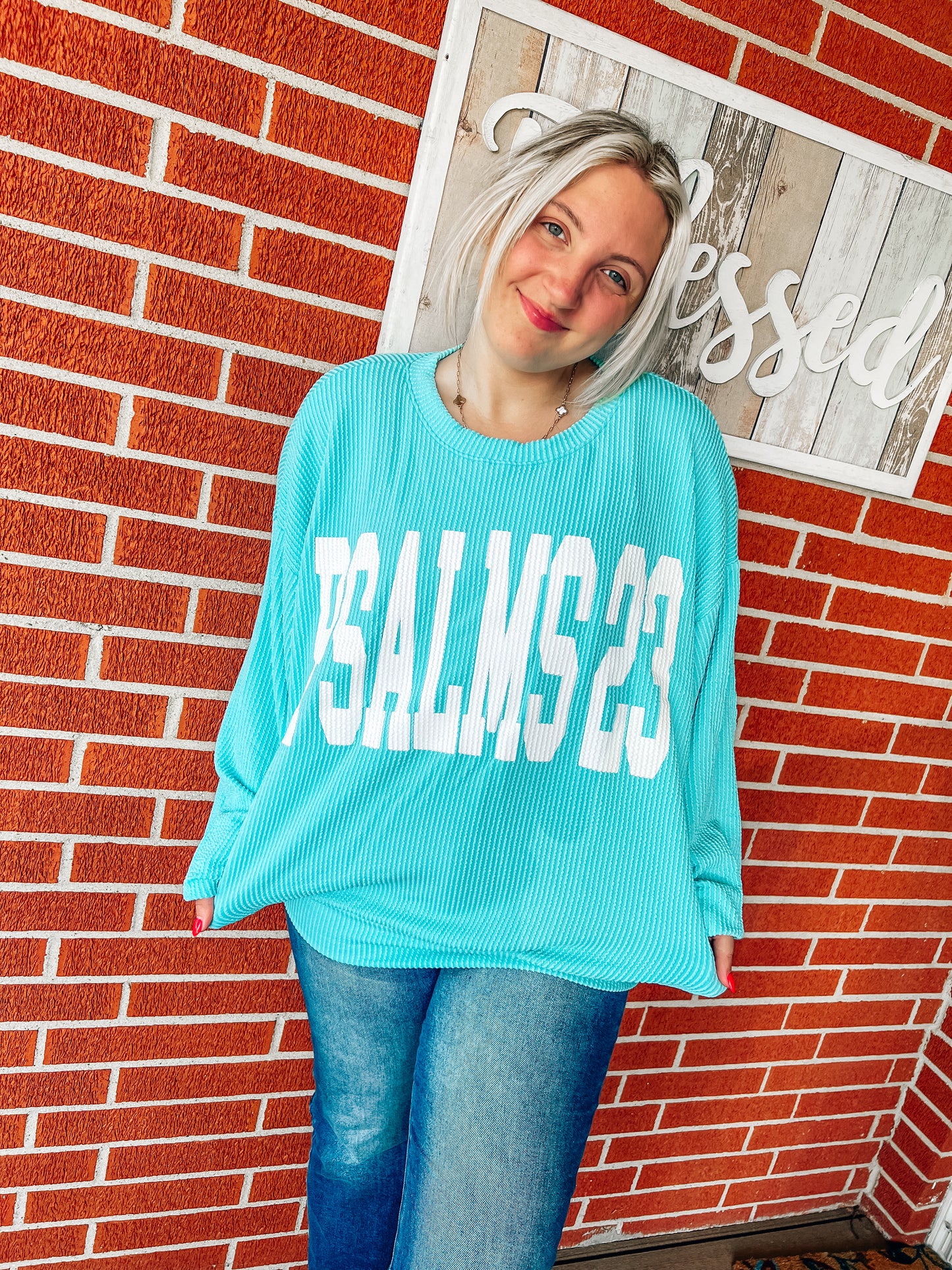 Psalms 23 ribbed oversized aqua top