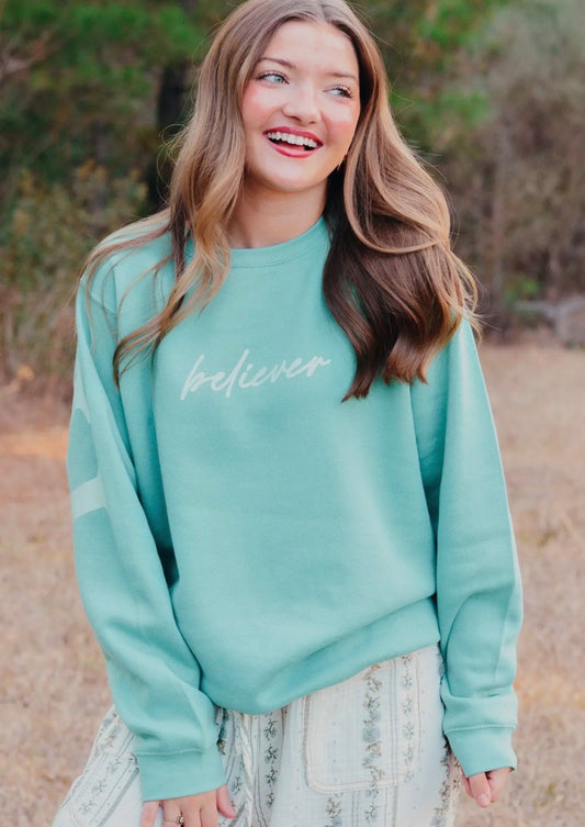 believer-faith teal pullover