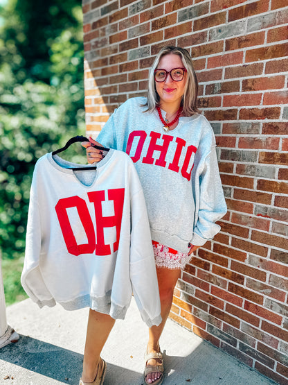 Notch neck reversible OHIO/OH pullover in ash grey & red