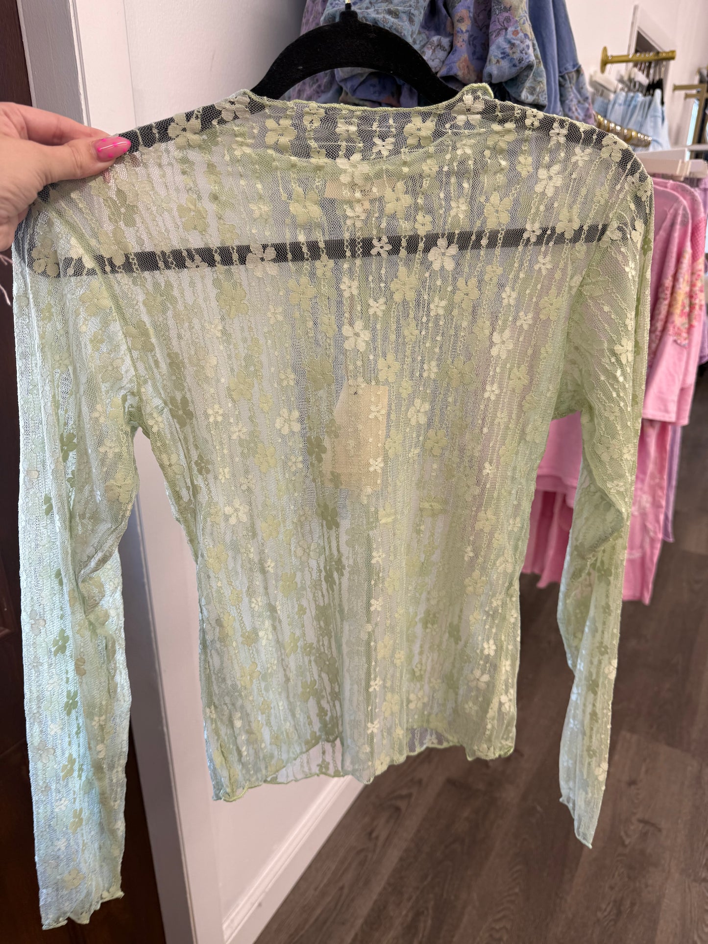 sage green floral mesh top